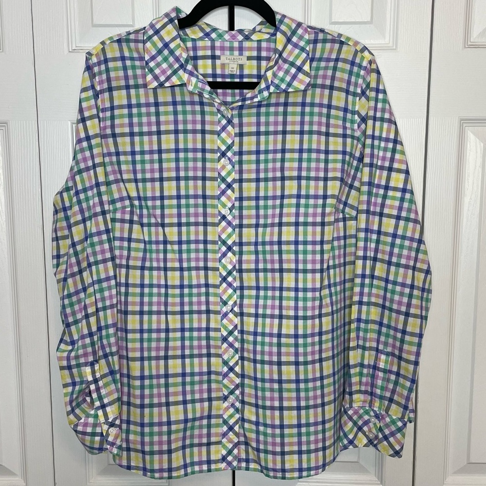 Talbots Button Up Womens 1X Green Purple Blue Yellow White Longsleeve Plaid